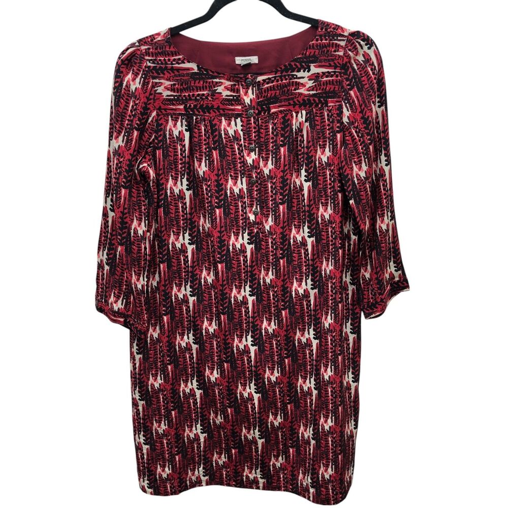 Fossil Womens Red Black Abstract Feather Print Button Front Shift Dress Lined - Picture 6 of 12